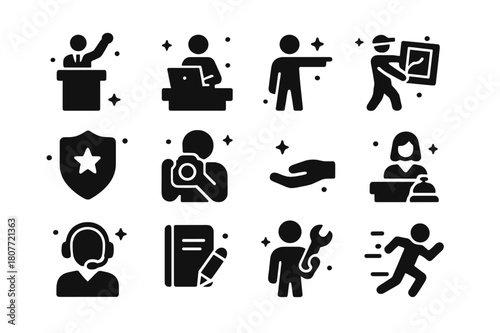 Auction Team Icons. Auctioneer and staff. Solid icons set of Auctioneer and staff: auctioneer at podium, clerk typing, ringman pointing, porter carrying art,