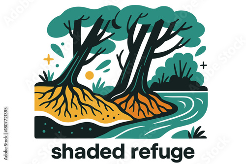 Riverbank Forest Refuge. River Ecosystem ? Riverbank Forest. Tall trees lean over the water; roots weave into soil layers with fine lines. Caption ?shaded