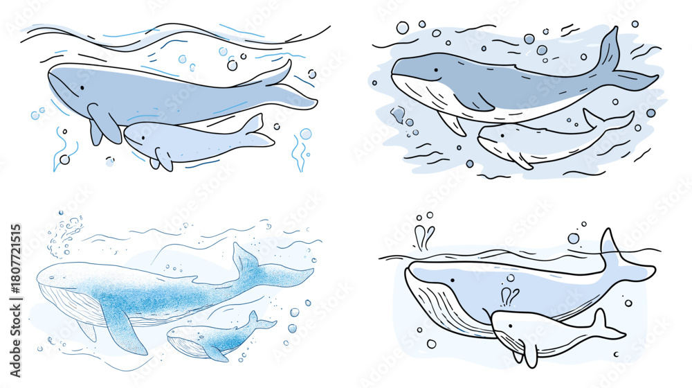 Fototapeta premium Soft blue illustration of a mother whale swimming with her baby underwater. Gentle ocean scene showing family bonding, marine life, and peaceful movement in a calm aquatic environment.