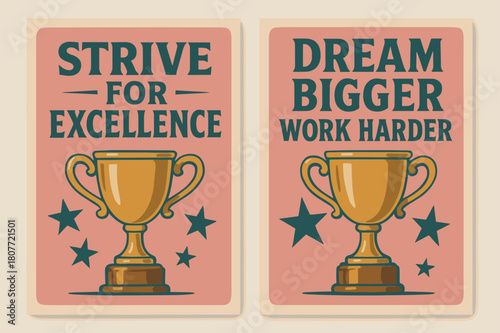 Retro Motivational Banners. Strive for excellence. Two vertical A6 banners with safe margins, centered composition, no elements touching edges, retro, pink and