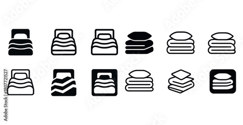 Bed and pillow icons collection set in black and white