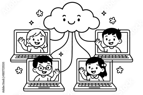 Virtual Classroom Coloring. Virtual classroom children?s coloring book illustration, outlined drawing, students waving from different screens connected through