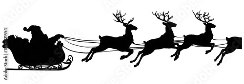 Silhouette of Santa Claus in a sleigh pulled by flying reindeer.