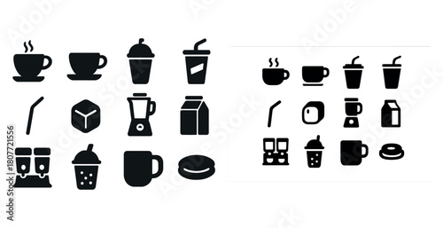Icons of coffee cups, blenders, straws, and beverage containers for cafes and kitchens