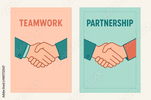 Teamwork and Partnership. Coworker. Two vertical A6 banners with safe margins, centered composition, no elements touching edges, pastel, coral and teal,