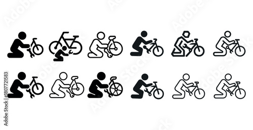 Evolution of bicycle repair icons depicting varied styles and techniques