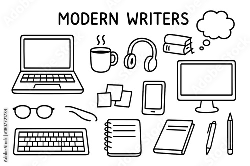 Modern Writers' Tools. Modern writers. Hand-drawn doodle illustration modern writers laptop, keyboard, coffee mug, headphones, notebook, pen, smartphone,