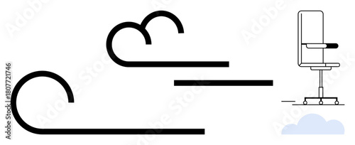 Modern office chair on wheels surrounded by abstract air flow lines suggesting ventilation, freshness, and comfort. Ideal for workspace, ergonomics, productivity, relaxation, innovation, simplicity