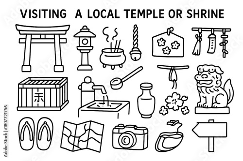 Temple Shrine Icons. Visiting a local temple or shrine. Hand-drawn doodle illustration Visiting a local temple or shrine torii gate, stone lantern, incense