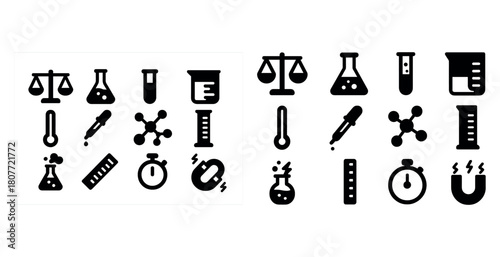 Black science icons: lab equipment, molecular structures, measurement tools
