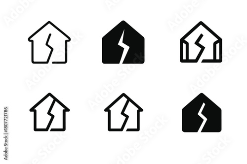 Property Damage Logos. Property damage risk. Set Logo of Property damage risk: house with fracture line. harmonious logo variations of the same emblematic