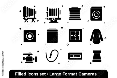 Large Format Camera Icons. Large Format Cameras. Solid icons set of Large Format Cameras: field camera, monorail camera, bellows, lens board, sheet film