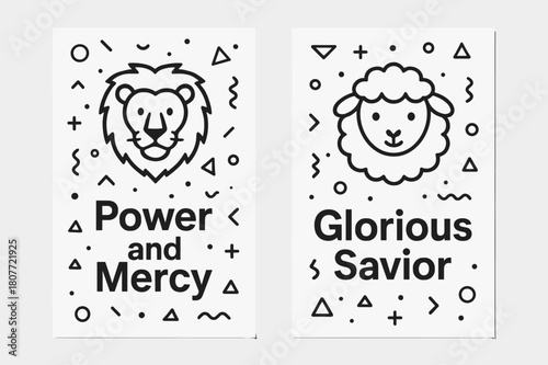 Lion and Lamb. Lion and Lamb. Two vertical A6 banners with safe margins, centered composition, no elements touching edges, memphis, black and white, playful