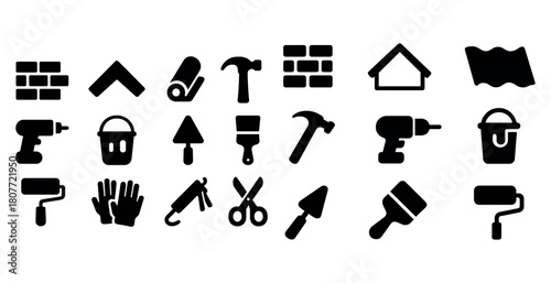 Construction and renovation icons set featuring tools and equipment