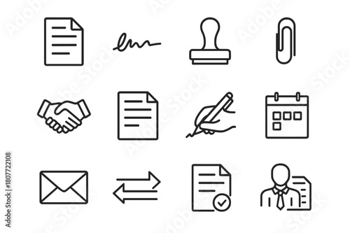 Business Contract Icons. Business Contracts. Line icon set of Business Contracts: document, signature, seal stamp, paperclip, negotiation handshake, clauses