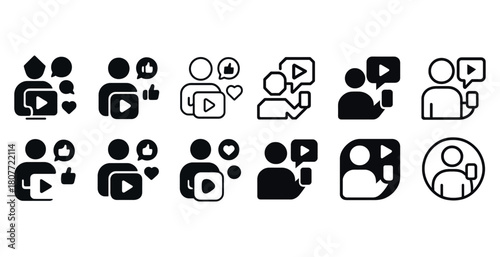 Social media icons set featuring videos, likes, messages, and people symbols