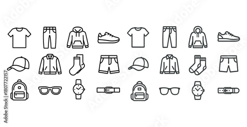 Outline icons of casual clothing and accessories collection