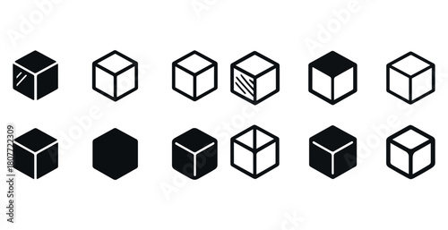 Set of twelve minimalist cube icon designs in black and white