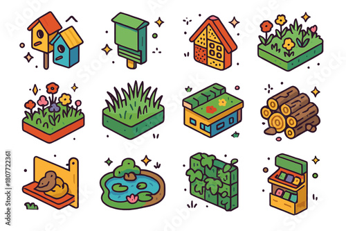 Urban Biodiversity Icon Set. Urban biodiversity habitats. Colorful isometric vector icons set of Urban biodiversity habitats: birdhouse row, bat roost box,