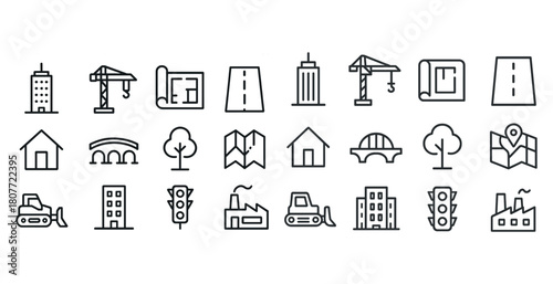 Collection of construction and urban planning icons featuring buildings and infrastructure