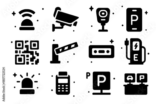 Smart Parking Icons. Smart parking solutions. Solid icons set of Smart parking solutions: parking sensor, CCTV camera, smart meter, mobile app, QR code,