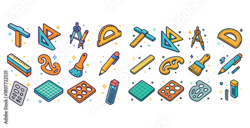 Colorful isometric drawing tools collection: protractor, compass, pencil, paintbrush, ruler