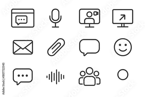 Online Communication Icons. Online Communication. Line icon set of Online Communication: chat window, video call, microphone, screen share, email inbox, file