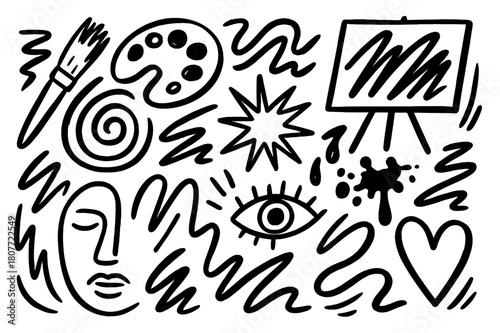 Expressionist Doodle Art. Wild brush strokes (expressionism). Hand-drawn doodle illustration wild brush strokes (expressionism) paintbrush, palette, canvas,