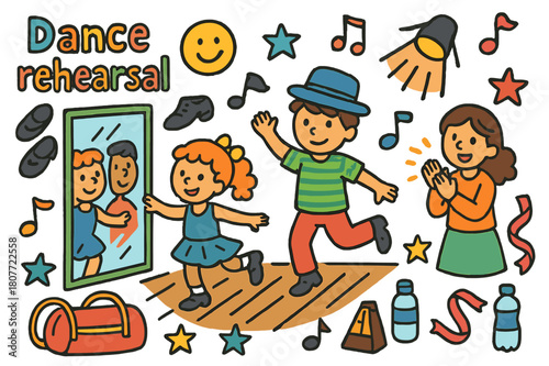 Colorful Dance Rehearsal. Dance rehearsal. Colorful Hand-drawn doodle Children illustration Dance rehearsal mirror, tap shoes, dancer, hat, notes, spotlight,