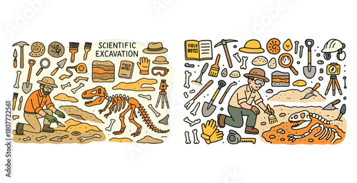 Cartoon paleontologists discover dinosaur fossils with excavation tools