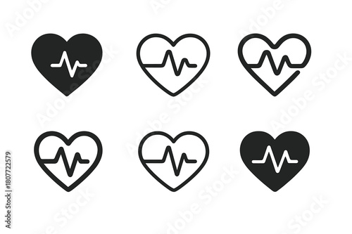 Heart Monitor Logos. Heart rate monitoring. Set Logo of Heart rate monitoring: pulse waveform within heart. harmonious logo variations of the same emblematic