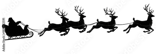 Iconic black silhouette of Santa Claus and his flying reindeer.