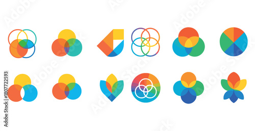 Colorful geometric shapes set with overlapping circles and venn diagrams