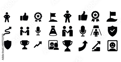 Achievement symbols: trophies, medals, and growth icons in black silhouettes