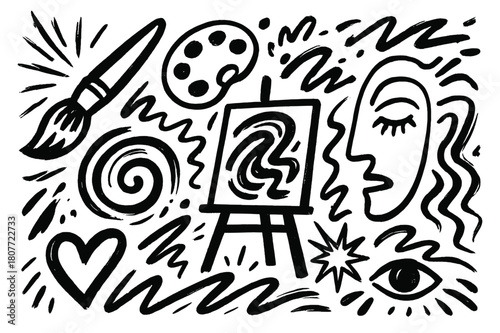 Abstract Expressionist Doodles. Wild brush strokes (expressionism). Hand-drawn doodle illustration wild brush strokes (expressionism) paintbrush, palette,