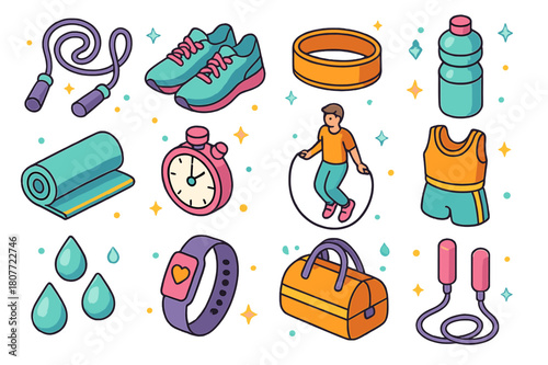 Jumping Fitness Icons. Skipping exercise. Colorful isometric vector icons set of skipping exercise: jump rope, sneakers, sweatband, water bottle, gym mat,