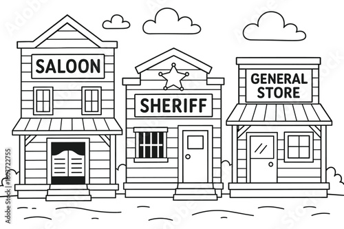 Western Town Coloring. Western town children?s coloring book illustration, outlined drawing, small wooden buildings with a saloon, sheriff?s office, and