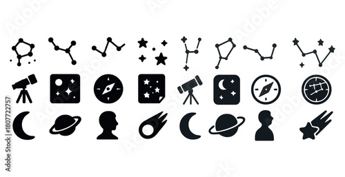 Astronomy symbols: telescopes, constellations, moon, compass, planets, stars, asteroids
