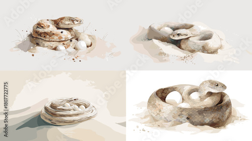 Soft neutral illustration of a snake curled protectively around its eggs in sandy tones. A calm and natural wildlife artwork with gentle textures and desert inspired atmosphere.