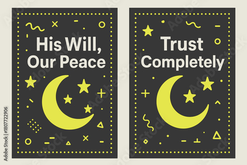 Trustful Peace Banners. Peace in Trust. Two vertical A6 banners with safe margins, centered composition, no elements touching edges, memphis, charcoal and neon