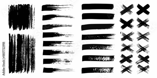 Black ink brush strokes and crosses on white background