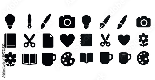 Creative tools and symbols: bulbs, brushes, cameras, and more
