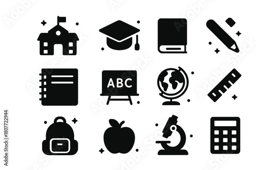 Education Icons Grid. Education Essentials. Solid icons set of Education Essentials: school building, graduation cap, book, pencil, notebook, blackboard,