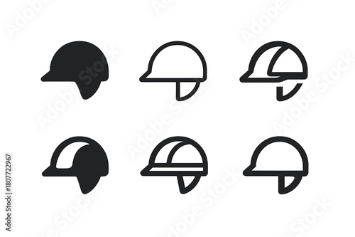 Helmet Safety Icons. Traffic Rule Infographic. Set Logo of Safety Helmet Icon: Filled silhouette, Minimal outline, Abstract geometric, Negative space, Stylized