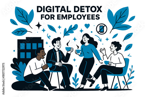 Office Tea Break. Digital detox for employees. Group enjoying tea break outside office with abstract floating leaves, icons, and sparkles; conveys relaxation,