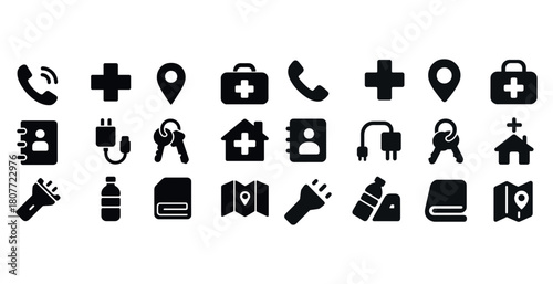 Emergency and utility icon set: medical, navigation, communication symbols