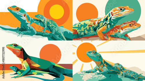 Vibrant illustration of lizards in colorful modern shapes under warm sun motifs. A bold wildlife artwork with dynamic geometric styling and expressive desert inspired tones.