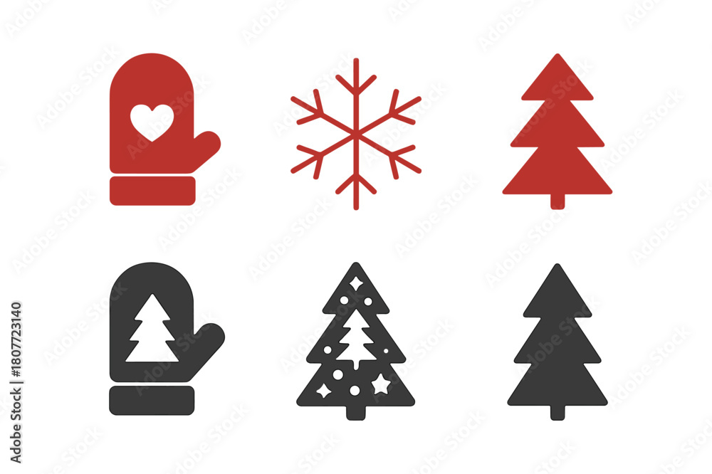 Obraz premium Festive Craft Logo Grid. Winter Holiday Crafting with Kids and Families. Set Logo of Festive Decorations: Filled silhouette, Minimal outline,