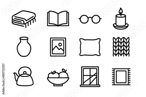 Cozy Home Icons. At Home Details. Line icon set of At Home Details: soft blanket, book, glasses, candle, ceramic vase, framed photo, cushion, knit texture,