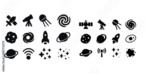 Space icons: telescopes, rockets, planets, galaxies, and satellites in black silhouettes